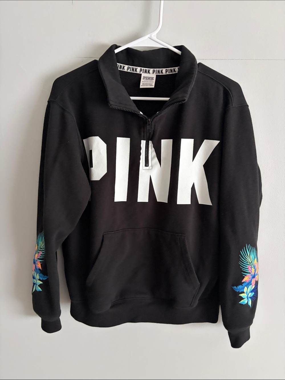 PINK Victoria's Secret Black Half-Zip Sweatshirt with Tropical Sleeve Accents.XS
